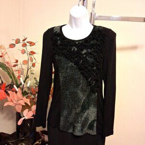 NWT Simon Chang Women's Black Gray Patchwork Floral Design Blouse 6 S